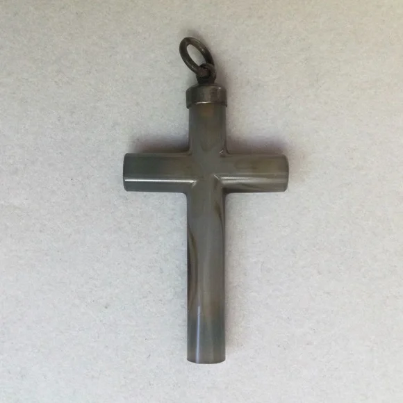 Antique Victorian Cross - Carved Scottish White Banded Agate c. 1860 -1910